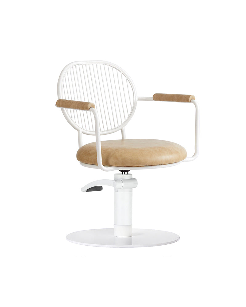 Serena - Silla de peluquería blanca y color coñac - Base redonda blanca