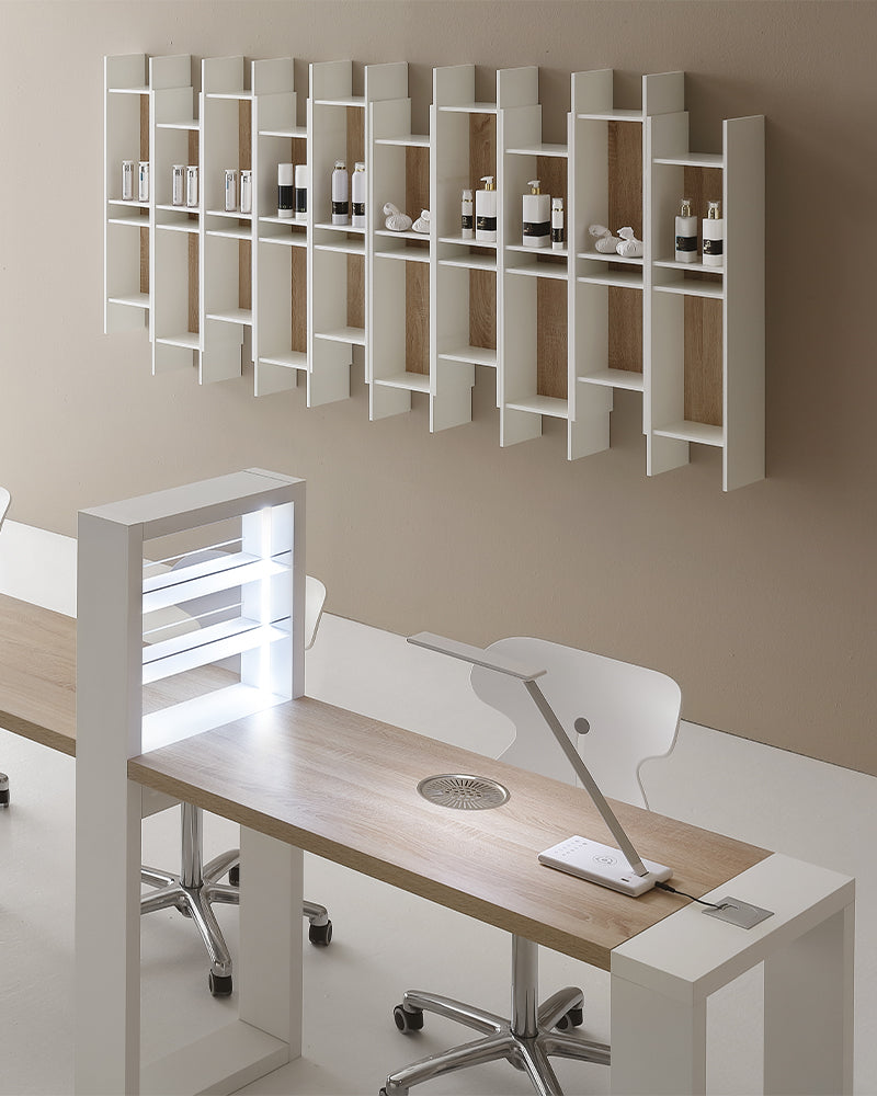 Slim - Estantería de venta blanca con detalles en patrón de roble