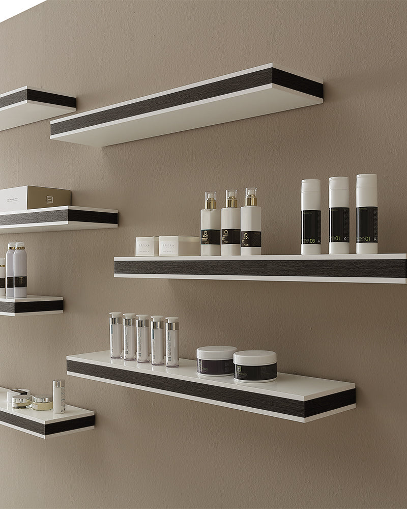 Stratos - Estantería de venta blanca - Borde en patrón de madera wengué
