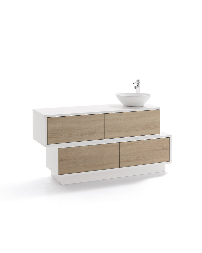 Swing - Mostrador de recepción blanco con lavabo y cajones en patrón de roble