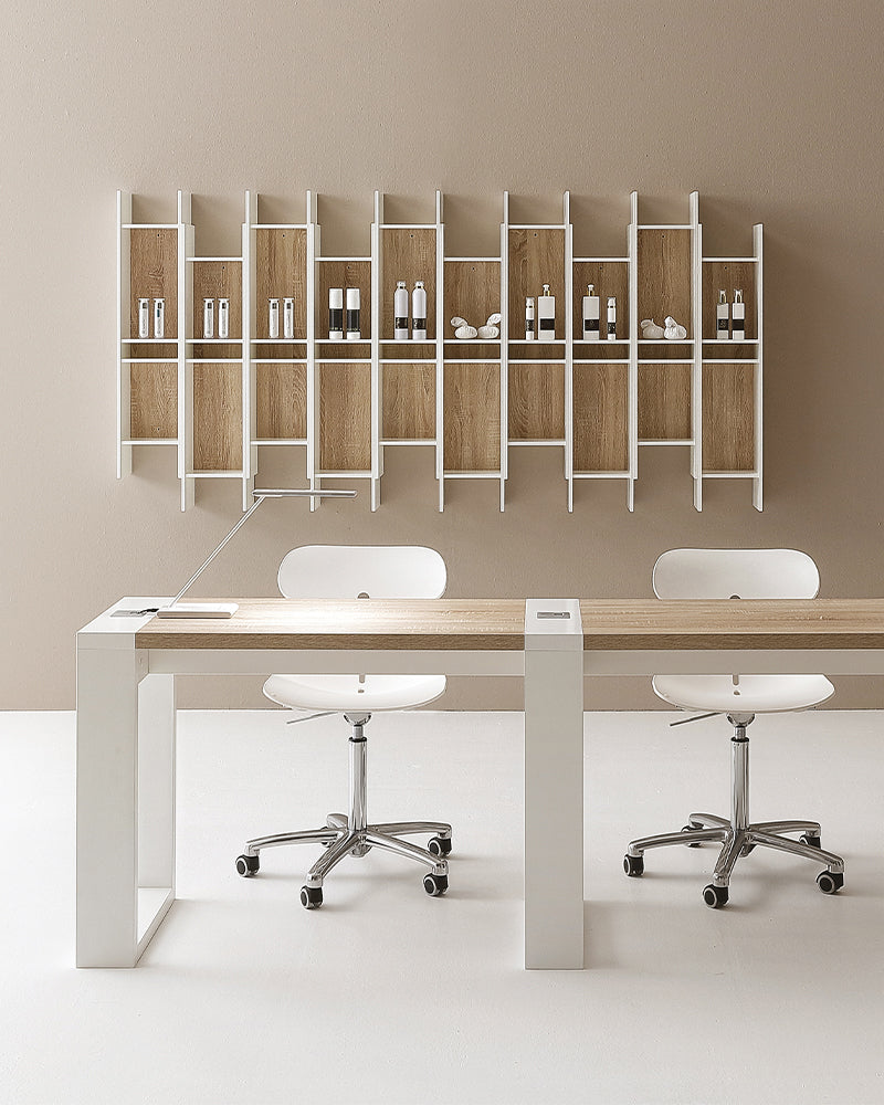 Slim - Estantería de venta blanca con detalles en patrón de roble