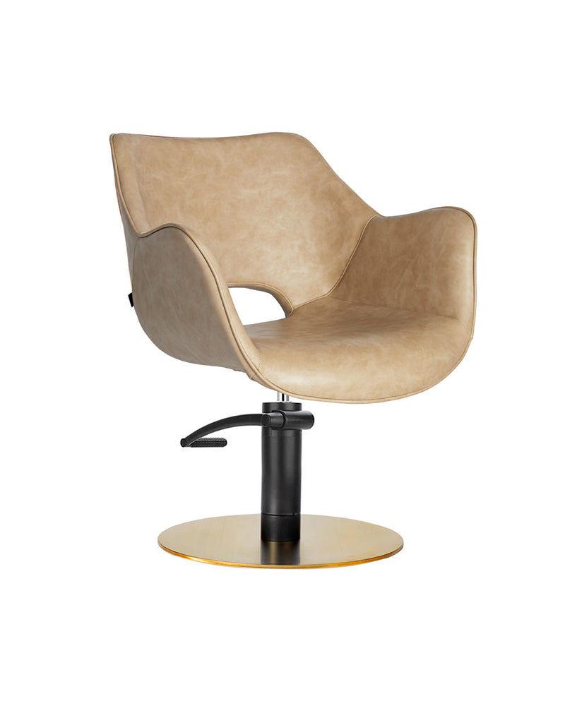 Chloe Sand - Silla de peluquería beige - Bomba negra - Base redonda de latón