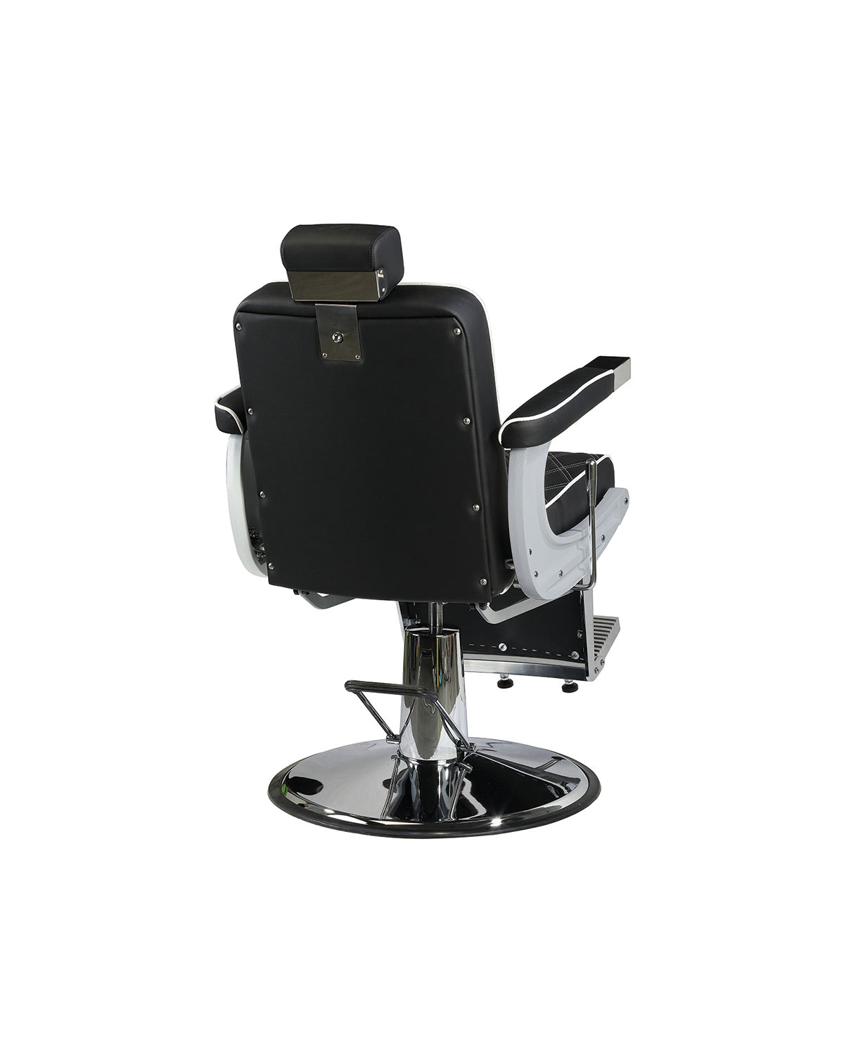 Karl - Sillón de barbero negro con ribete blanco y base redonda cromada