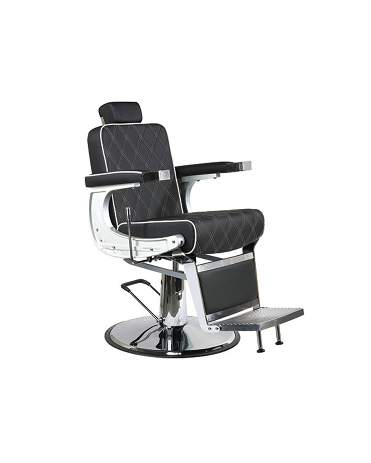 Karl - Sillón de barbero negro con ribete blanco y base redonda cromada