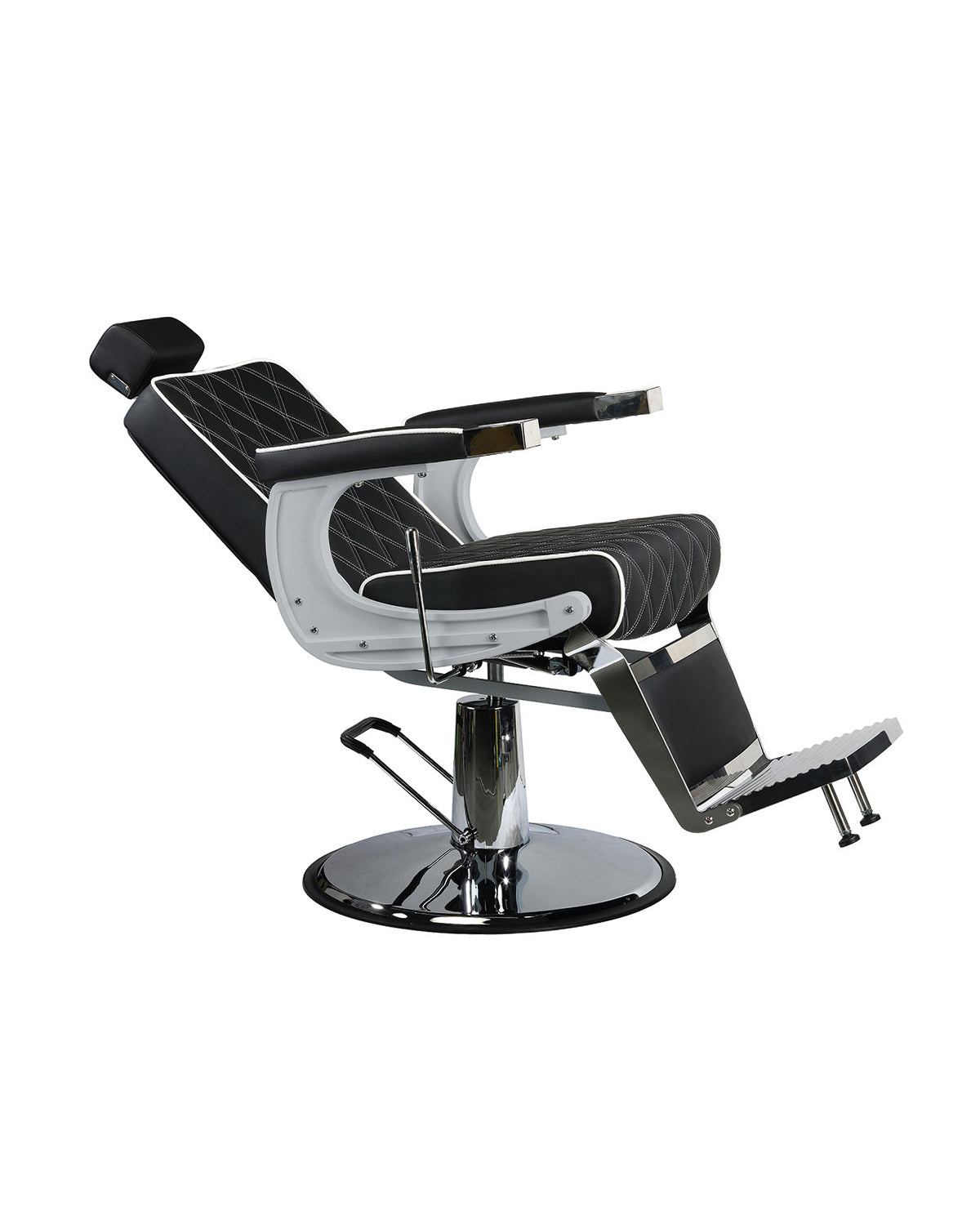 Karl - Sillón de barbero negro con ribete blanco y base redonda cromada
