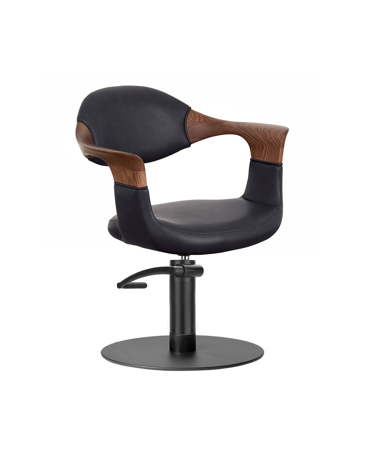 Oakley Midnight - Sillón de peluquería gris con base redonda negra y reposabrazos de roble